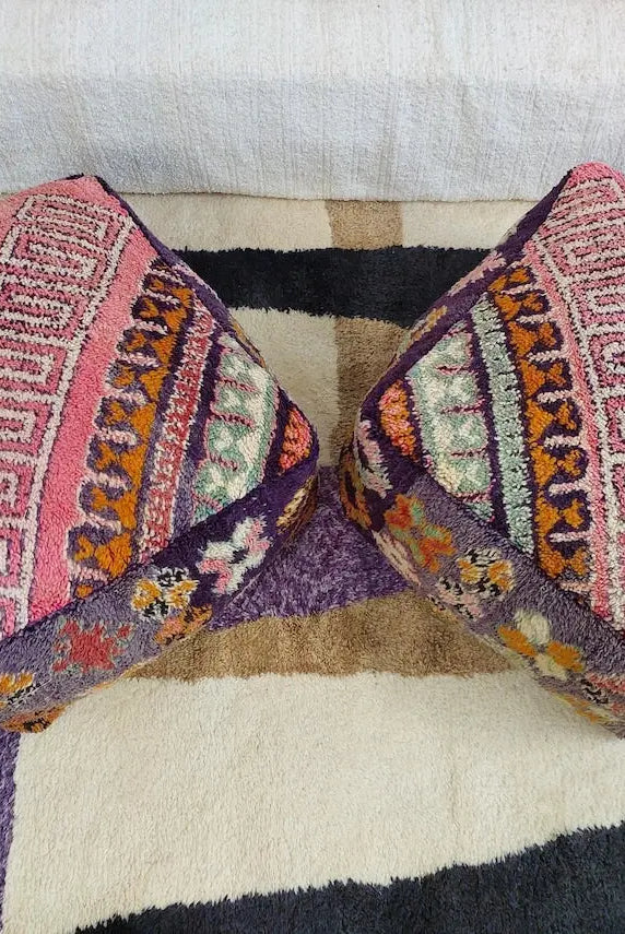 Pink Pouf Wool Footstool: Vintage Moroccan Berber Handmade Ottoman, Colorful Geometric Pattern MoroccanBazzArts