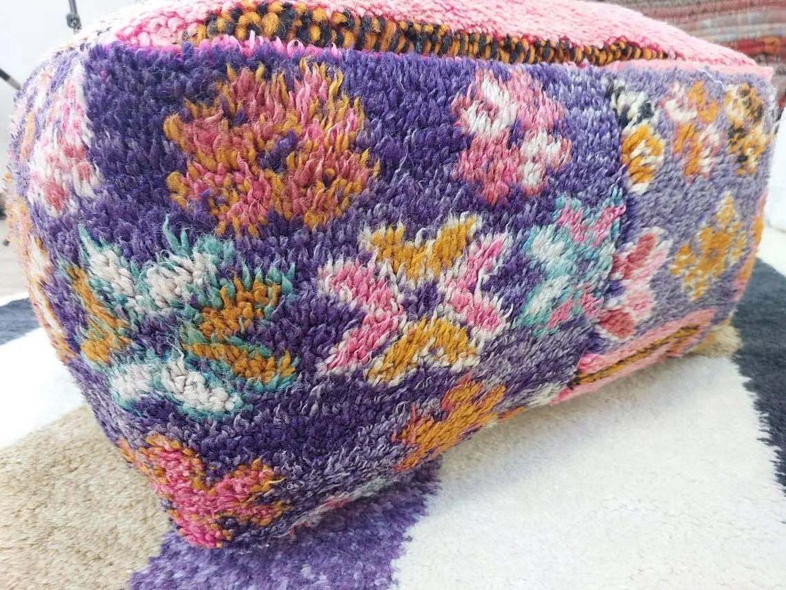 Vintage Moroccan Berber Wool Pouf: Handmade Colorful Floor Cushion Ottoman For Bohemian Decor , High Quality Pink Pouf MoroccanBazzArts