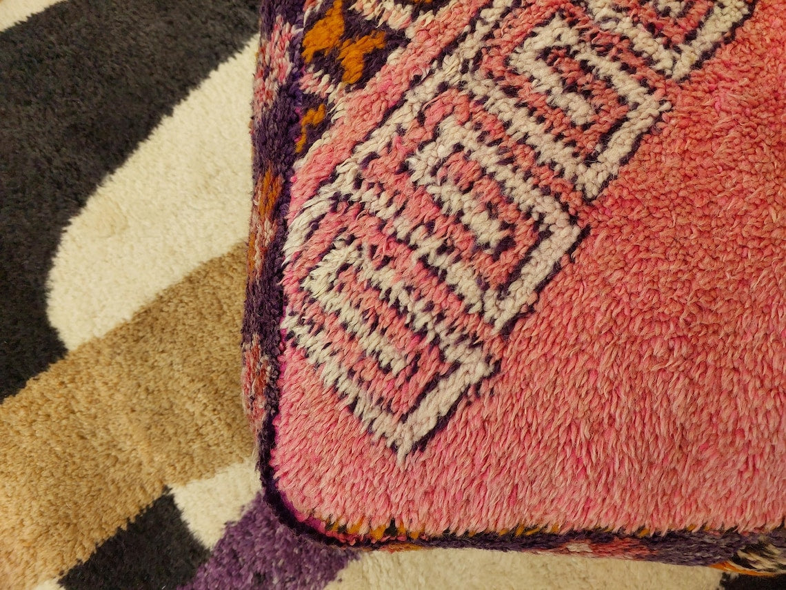 Vintage Moroccan Berber Wool Pouf: Handmade Colorful Floor Cushion Ottoman For Bohemian Decor , High Quality Pink Pouf MoroccanBazzArts