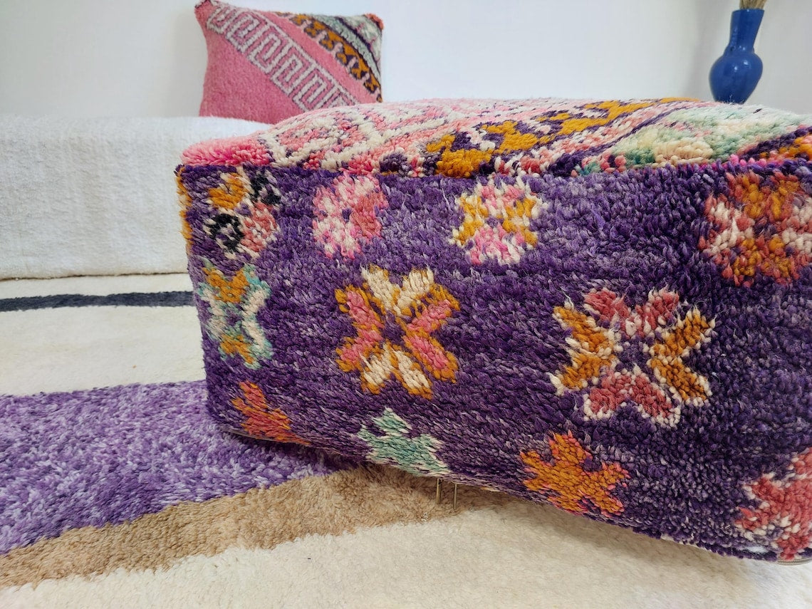 Vintage Moroccan Berber Wool Pouf: Handmade Colorful Floor Cushion Ottoman For Bohemian Decor , High Quality Pink Pouf MoroccanBazzArts