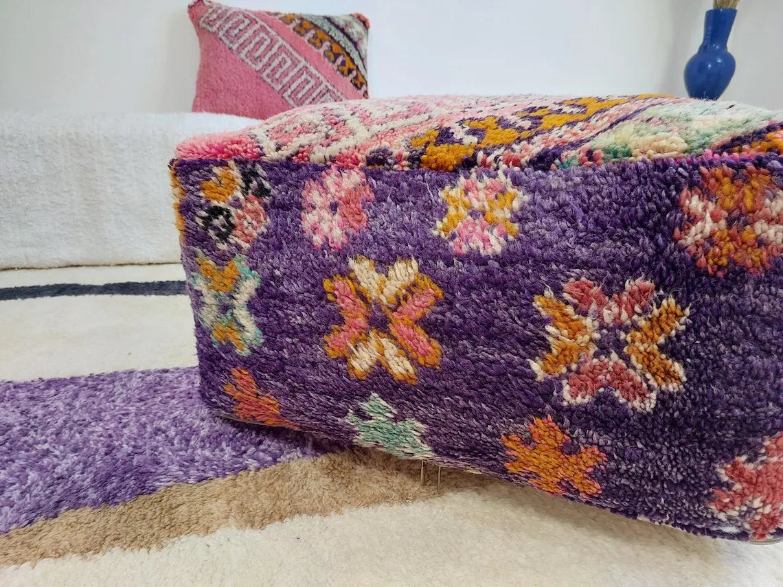 Vintage Moroccan Berber Wool Pouf: Handmade Colorful Floor Cushion Ottoman For Bohemian Decor , High Quality Pink Pouf MoroccanBazzArts