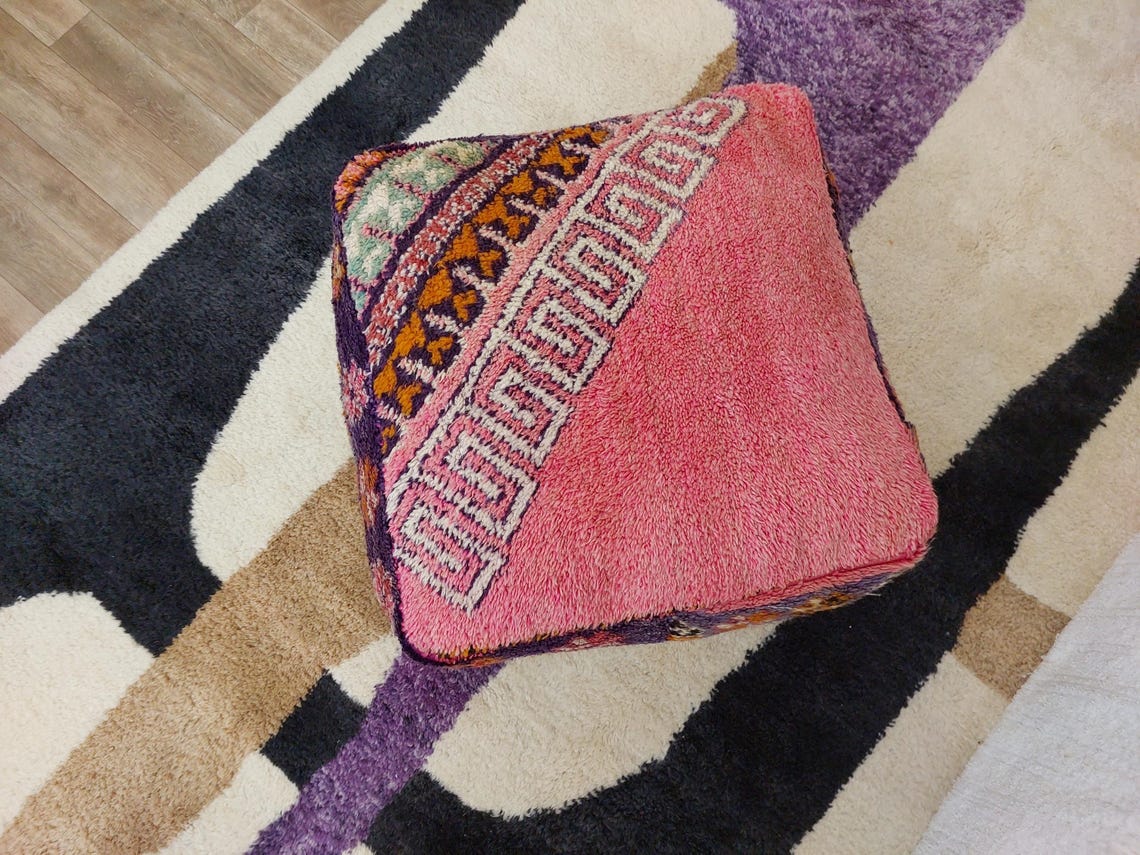Vintage Moroccan Berber Wool Pouf: Handmade Colorful Floor Cushion Ottoman For Bohemian Decor , High Quality Pink Pouf MoroccanBazzArts