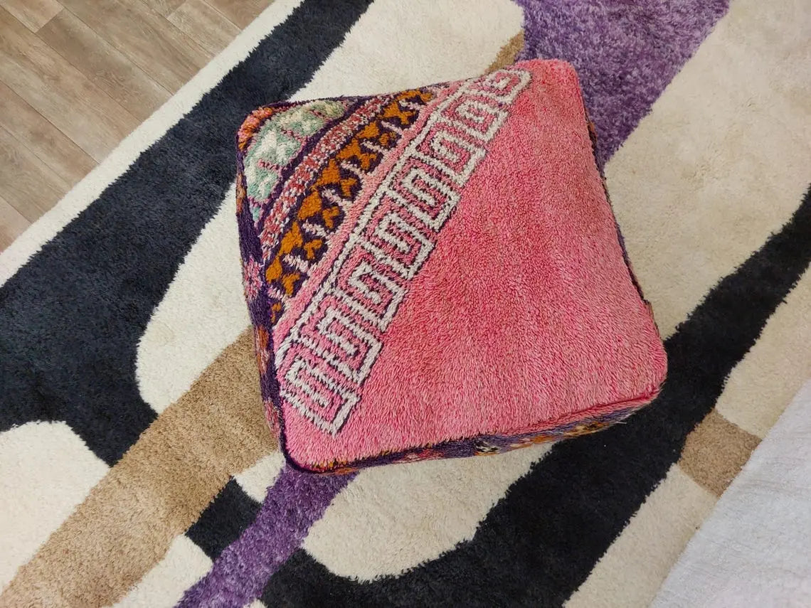 Vintage Moroccan Berber Wool Pouf: Handmade Colorful Floor Cushion Ottoman For Bohemian Decor , High Quality Pink Pouf MoroccanBazzArts