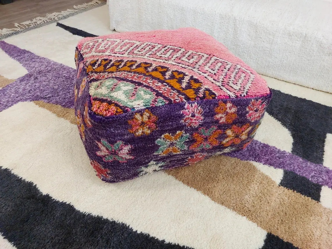 Vintage Moroccan Berber Wool Pouf: Handmade Colorful Floor Cushion Ottoman For Bohemian Decor , High Quality Pink Pouf MoroccanBazzArts