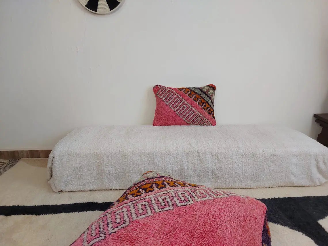 Vintage Boujaad Wool Cushion - Handmade Moroccan Tribal Pink Pillow Case MoroccanBazzArts