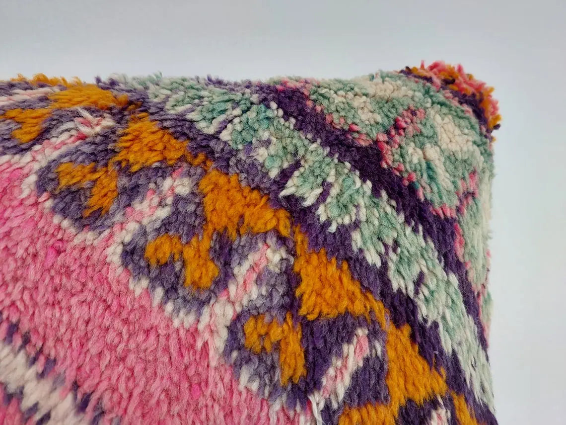 Vintage Boujaad Wool Cushion - Handmade Moroccan Tribal Pink Pillow Case MoroccanBazzArts