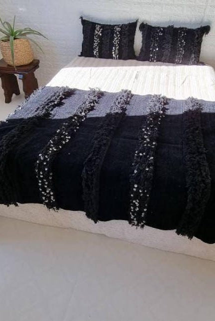 Black Handira Throw Blanket Chenille Fringe: Luxury Moroccan Sofa or Bed Cover for Boho Decor MoroccanBazzArts