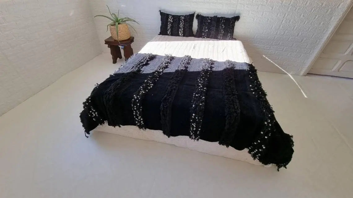 Black Handira Throw Blanket Chenille Fringe: Luxury Moroccan Sofa or Bed Cover for Boho Decor MoroccanBazzArts