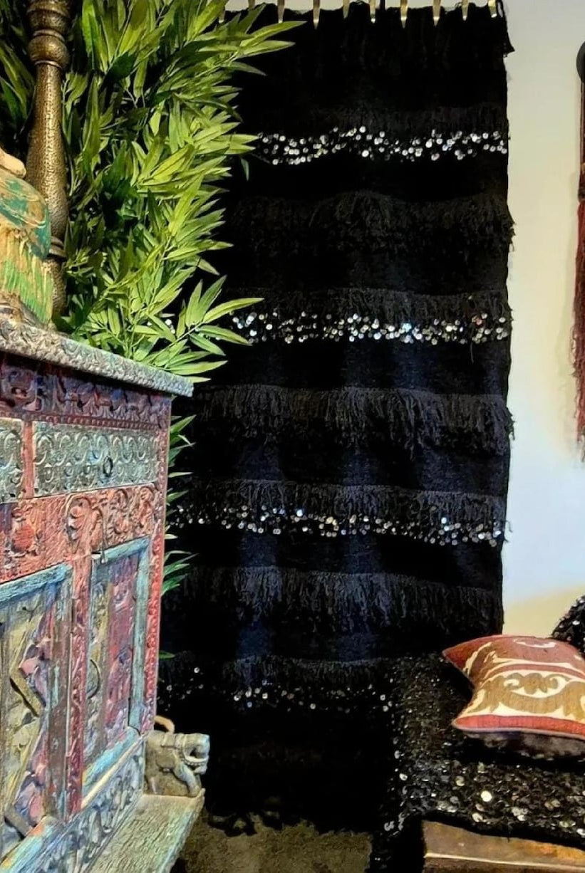 Black Handira Throw Blanket Chenille Fringe: Luxury Moroccan Sofa or Bed Cover for Boho Decor MoroccanBazzArts