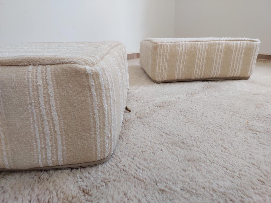 Handmade Moroccan Kilim Pouf , Neutral Berber Wool Ottoman , Flatweave Kilim Poufs, Bohemian Home Decor MoroccanBazzArts