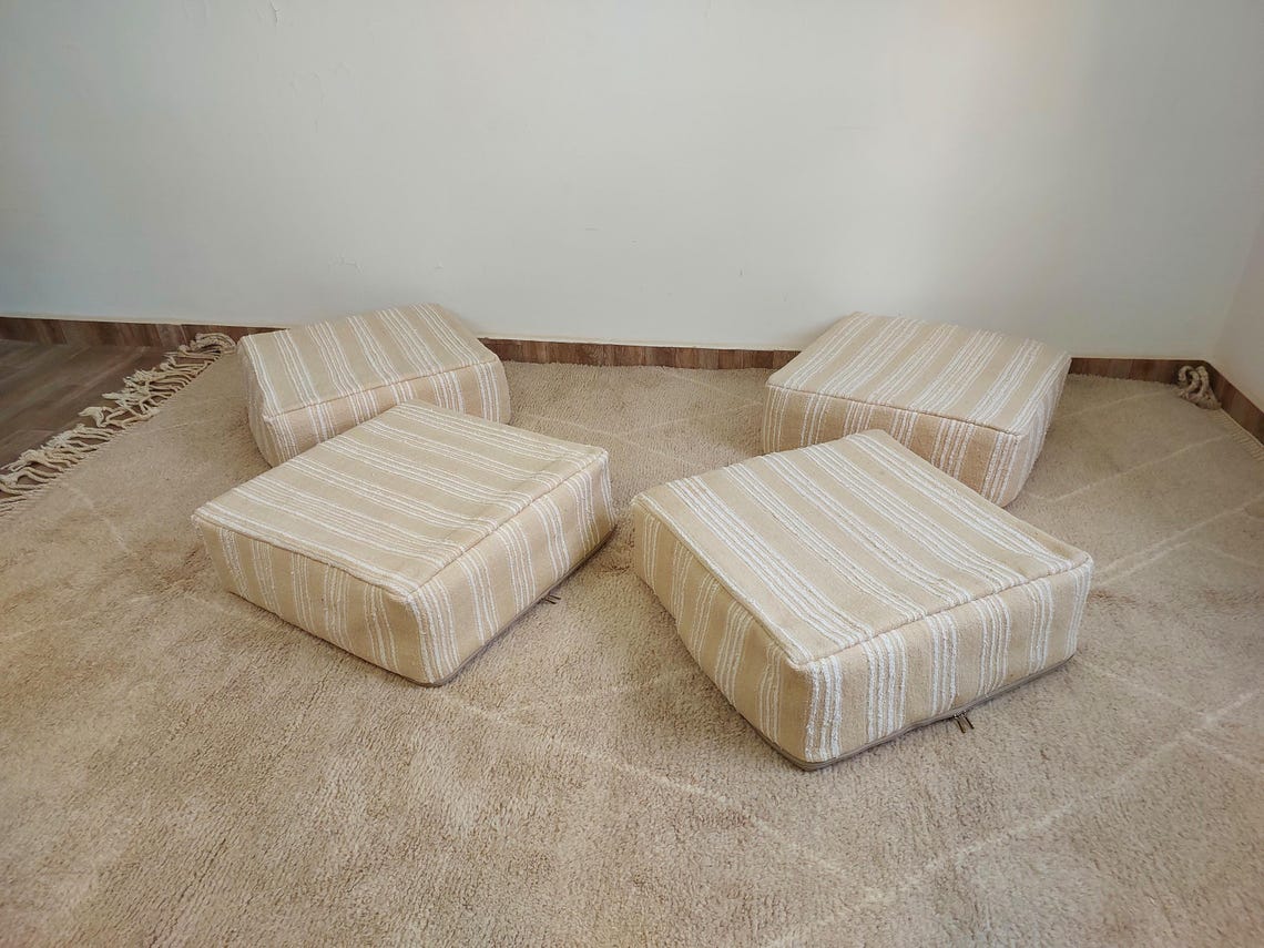 Handmade Moroccan Kilim Pouf , Neutral Berber Wool Ottoman , Flatweave Kilim Poufs, Bohemian Home Decor MoroccanBazzArts
