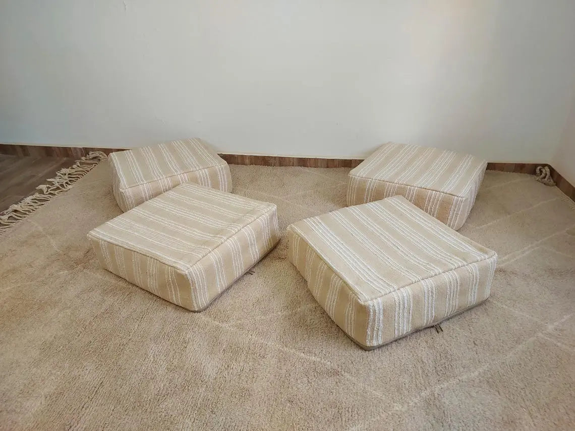 Handmade Moroccan Kilim Pouf , Neutral Berber Wool Ottoman , Flatweave Kilim Poufs, Bohemian Home Decor MoroccanBazzArts