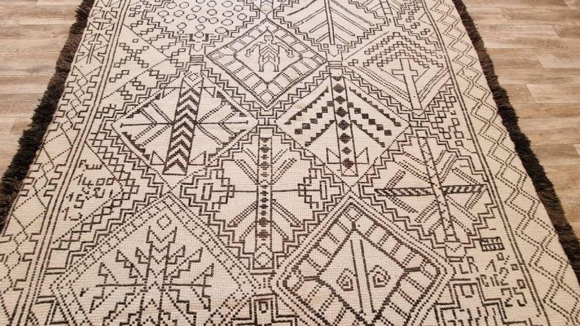 Beni Ourain Moroccan Wool Rug: Large Handwoven Geometric Ivory Brown Area Decor MoroccanBazzArts