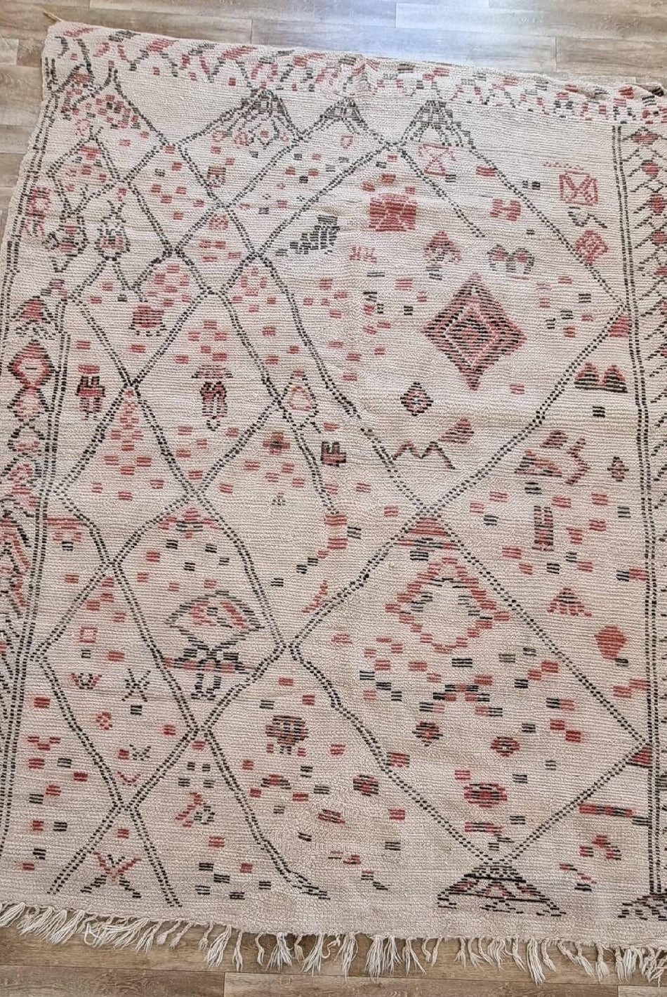 Berber Geometric Rug 6'10"X8'10" Wool: Handmade Moroccan Seghrouchen, Ivory Area Bohemian Decor, Traditional Artisan Statement MoroccanBazzArts