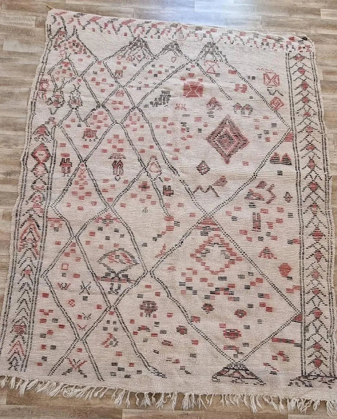 Berber Geometric Rug 6'10"X8'10" Wool: Handmade Moroccan Seghrouchen, Ivory Area Bohemian Decor, Traditional Artisan Statement MoroccanBazzArts