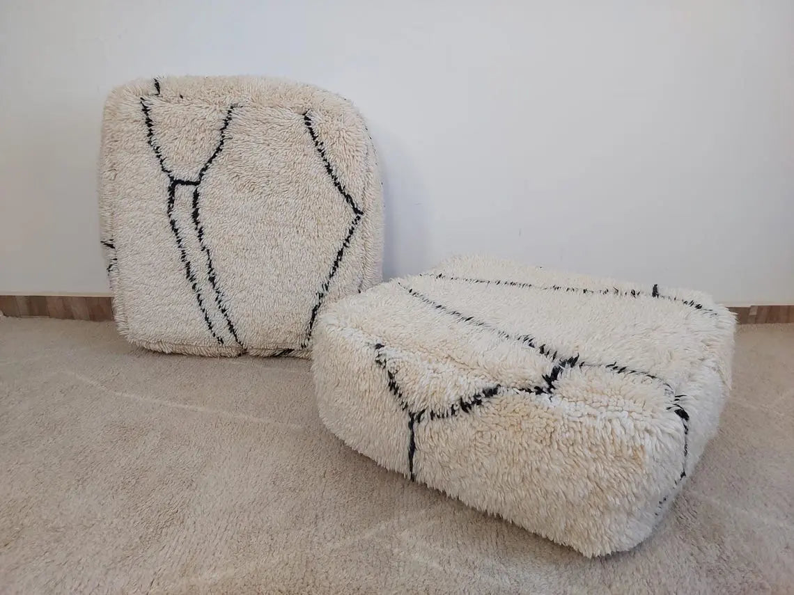 Moroccan Pouf Wool Floor Cushion: Handmade Beni Ourain Ottoman, Vintage Bohemian Wool Seat MoroccanBazzArts