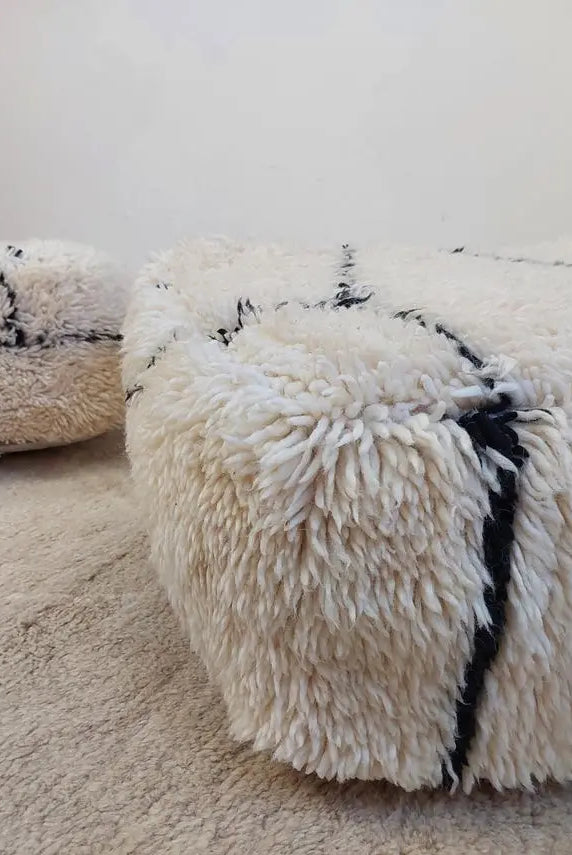 Moroccan Pouf Wool Floor Cushion: Handmade Beni Ourain Ottoman, Vintage Bohemian Wool Seat MoroccanBazzArts