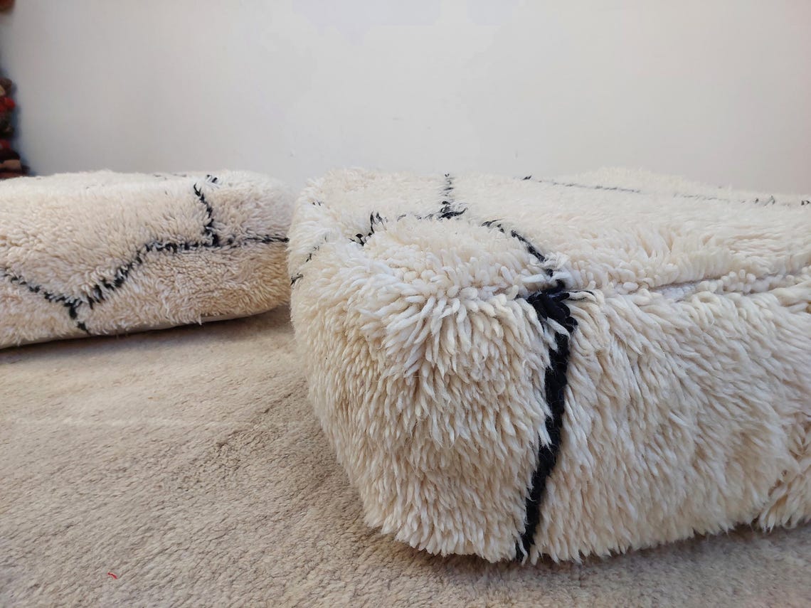 Moroccan Pouf Wool Floor Cushion: Handmade Beni Ourain Ottoman, Vintage Bohemian Wool Seat MoroccanBazzArts