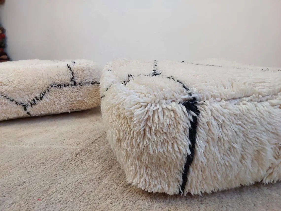 Moroccan Pouf Wool Floor Cushion: Handmade Beni Ourain Ottoman, Vintage Bohemian Wool Seat MoroccanBazzArts