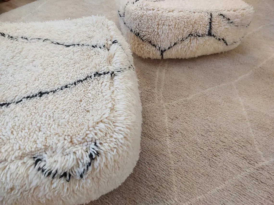 Moroccan Pouf Wool Floor Cushion: Handmade Beni Ourain Ottoman, Vintage Bohemian Wool Seat MoroccanBazzArts