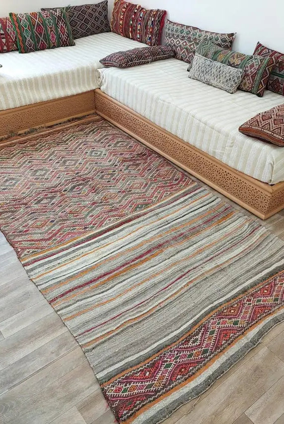 Vintage Kilim Rug Moroccan wool: Vintage Flatweave, Colorful Geometric Berber Pattern, Natural Sustainable Handwoven Decor MoroccanBazzArts