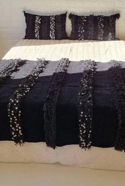 Black Handira Throw Blanket Chenille Fringe: Luxury Moroccan Sofa or Bed Cover for Boho Decor MoroccanBazzArts