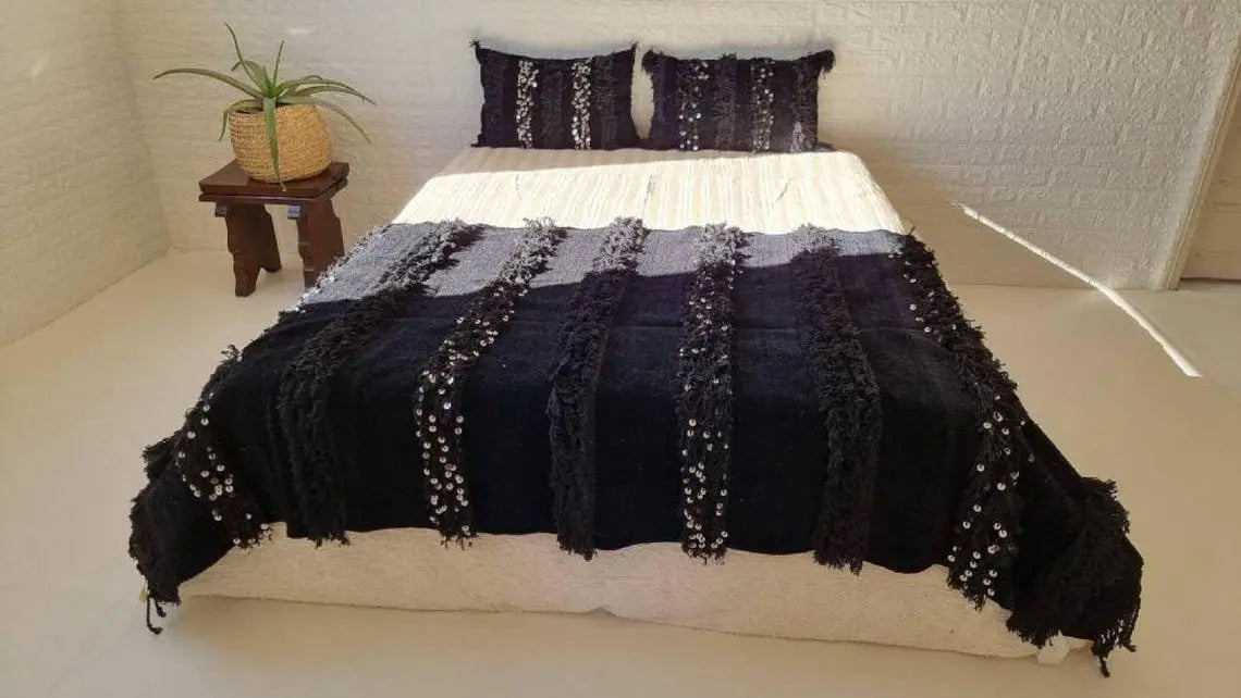 Black Handira Throw Blanket Chenille Fringe: Luxury Moroccan Sofa or Bed Cover for Boho Decor MoroccanBazzArts