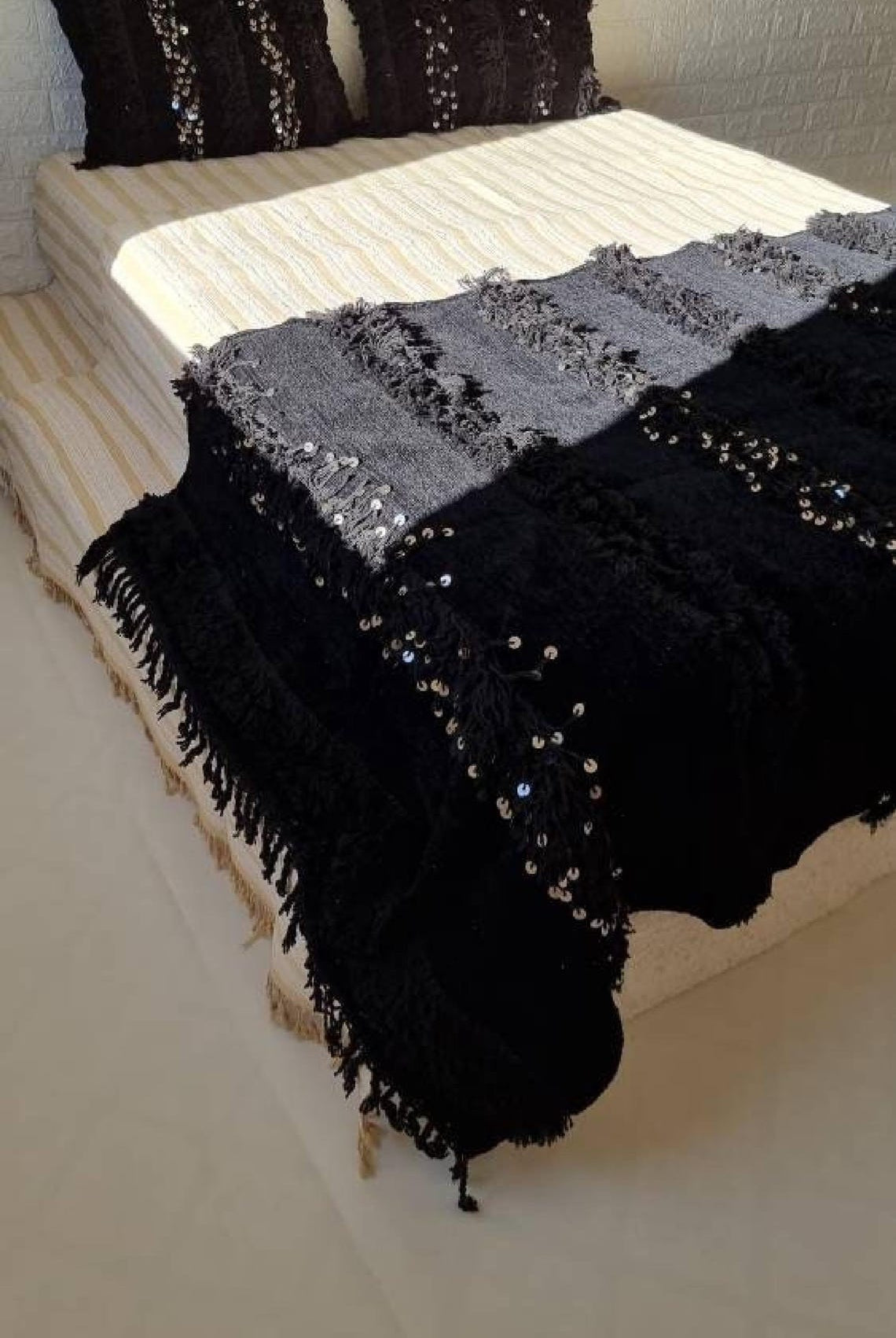 Black Handira Throw Blanket Chenille Fringe: Luxury Moroccan Sofa or Bed Cover for Boho Decor MoroccanBazzArts