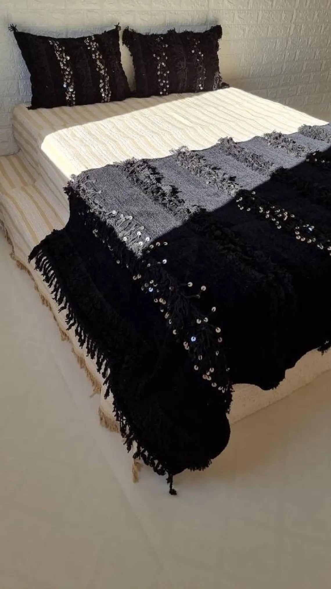 Black Handira Throw Blanket Chenille Fringe: Luxury Moroccan Sofa or Bed Cover for Boho Decor MoroccanBazzArts