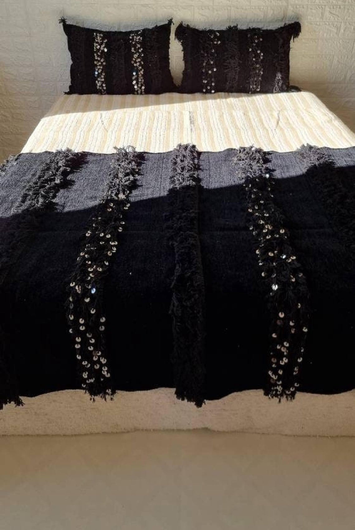Black Handira Throw Blanket Chenille Fringe: Luxury Moroccan Sofa or Bed Cover for Boho Decor MoroccanBazzArts