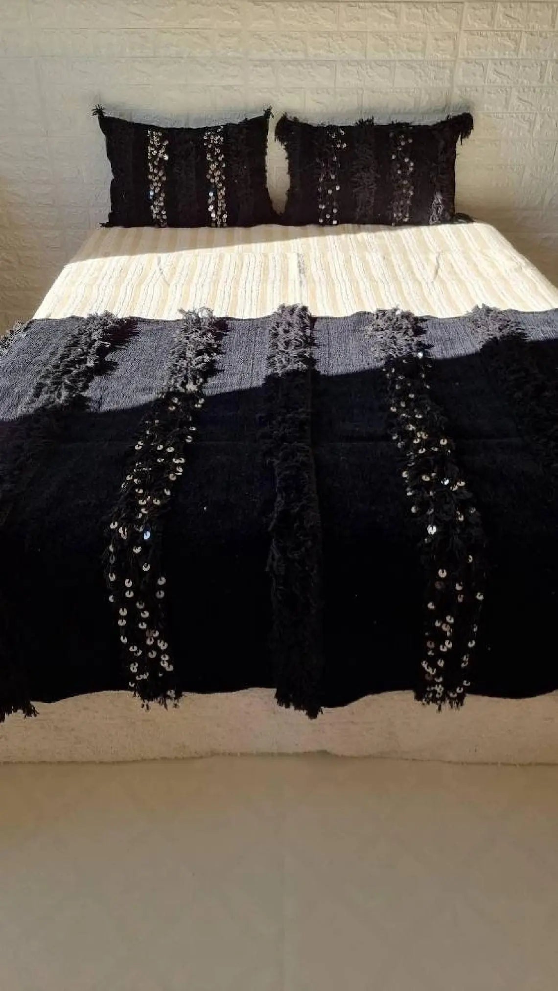 Black Handira Throw Blanket Chenille Fringe: Luxury Moroccan Sofa or Bed Cover for Boho Decor MoroccanBazzArts