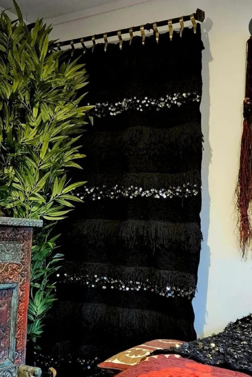 Black Handira Throw Blanket Chenille Fringe: Luxury Moroccan Sofa or Bed Cover for Boho Decor MoroccanBazzArts