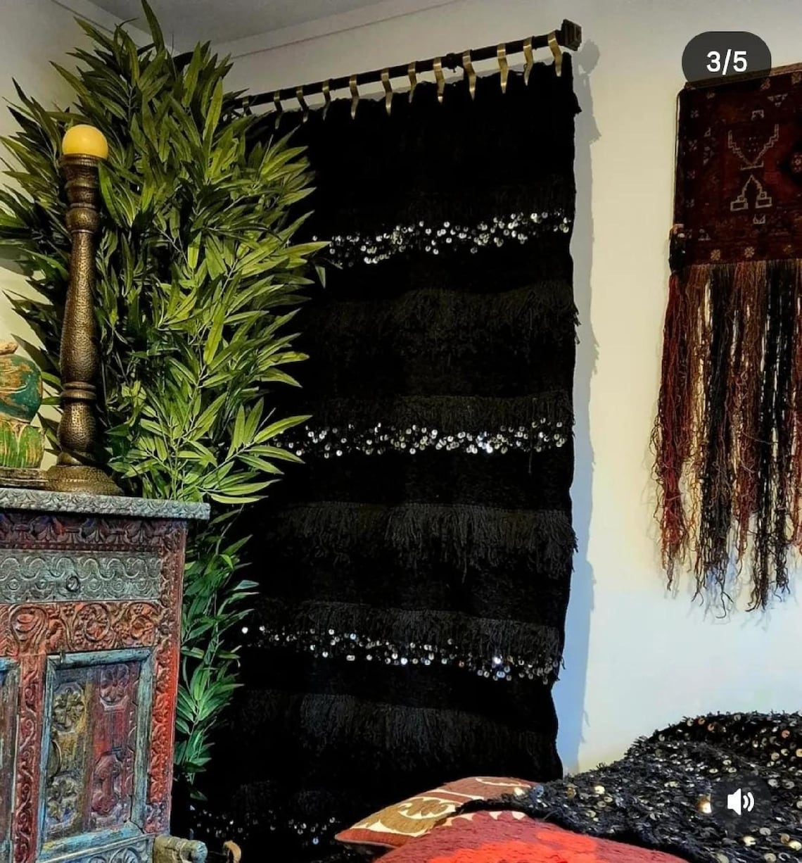 Black Handira Throw Blanket Chenille Fringe: Luxury Moroccan Sofa or Bed Cover for Boho Decor MoroccanBazzArts