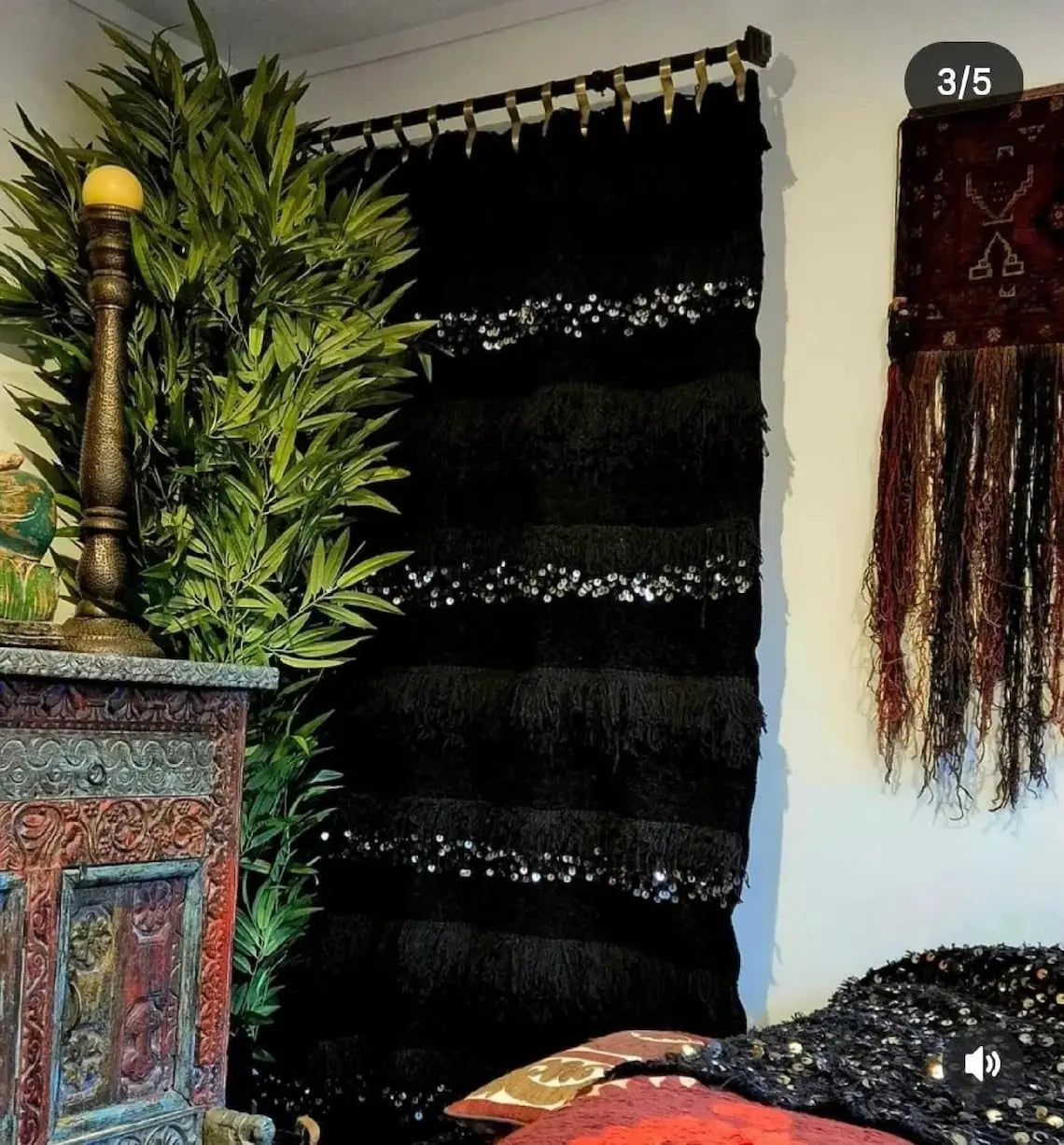 Black Handira Throw Blanket Chenille Fringe: Luxury Moroccan Sofa or Bed Cover for Boho Decor MoroccanBazzArts