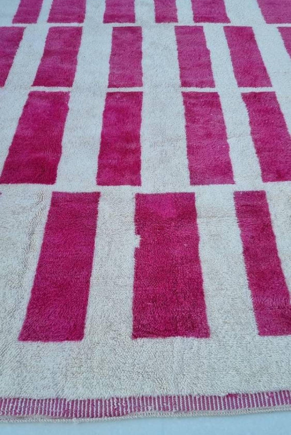 Moroccan Berber Rug Magenta Cream Wool: Custom Handknotted Contemporary Plush Pile Area Rug For Living Room MoroccanBazzArts