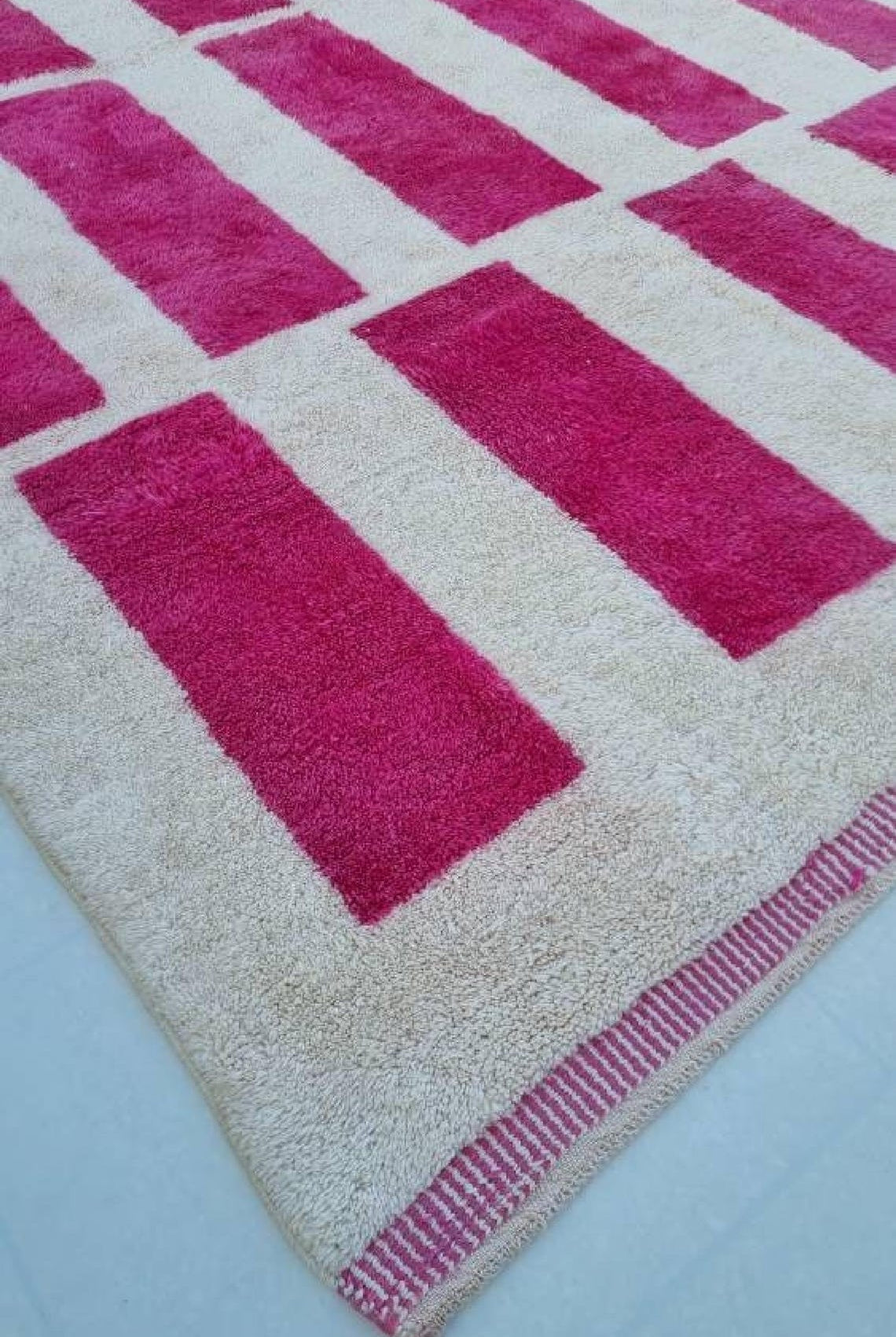 Moroccan Berber Rug Magenta Cream Wool: Custom Handknotted Contemporary Plush Pile Area Rug For Living Room MoroccanBazzArts
