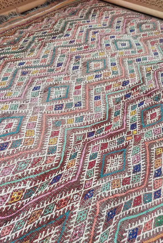 Vintage Kilim Rug Moroccan wool: Vintage Flatweave, Colorful Geometric Berber Pattern, Natural Sustainable Handwoven Decor MoroccanBazzArts