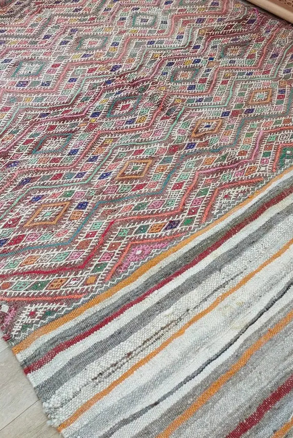 Vintage Kilim Rug Moroccan wool: Vintage Flatweave, Colorful Geometric Berber Pattern, Natural Sustainable Handwoven Decor MoroccanBazzArts