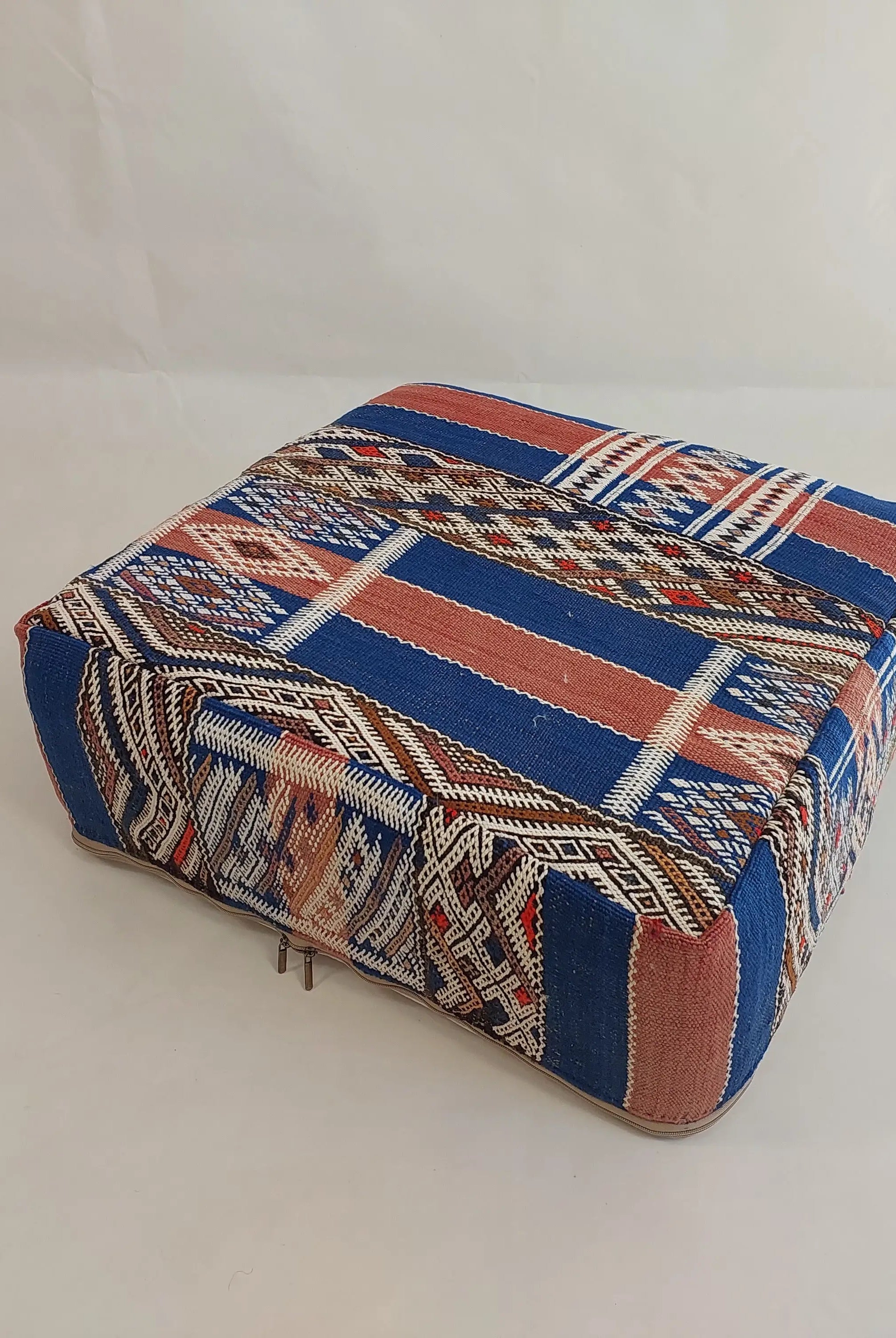 Vintage Berber Kilim Square Pouf – Authentic Moroccan Blue Ottoman & Boho Floor Pillow MoroccanBazzArts