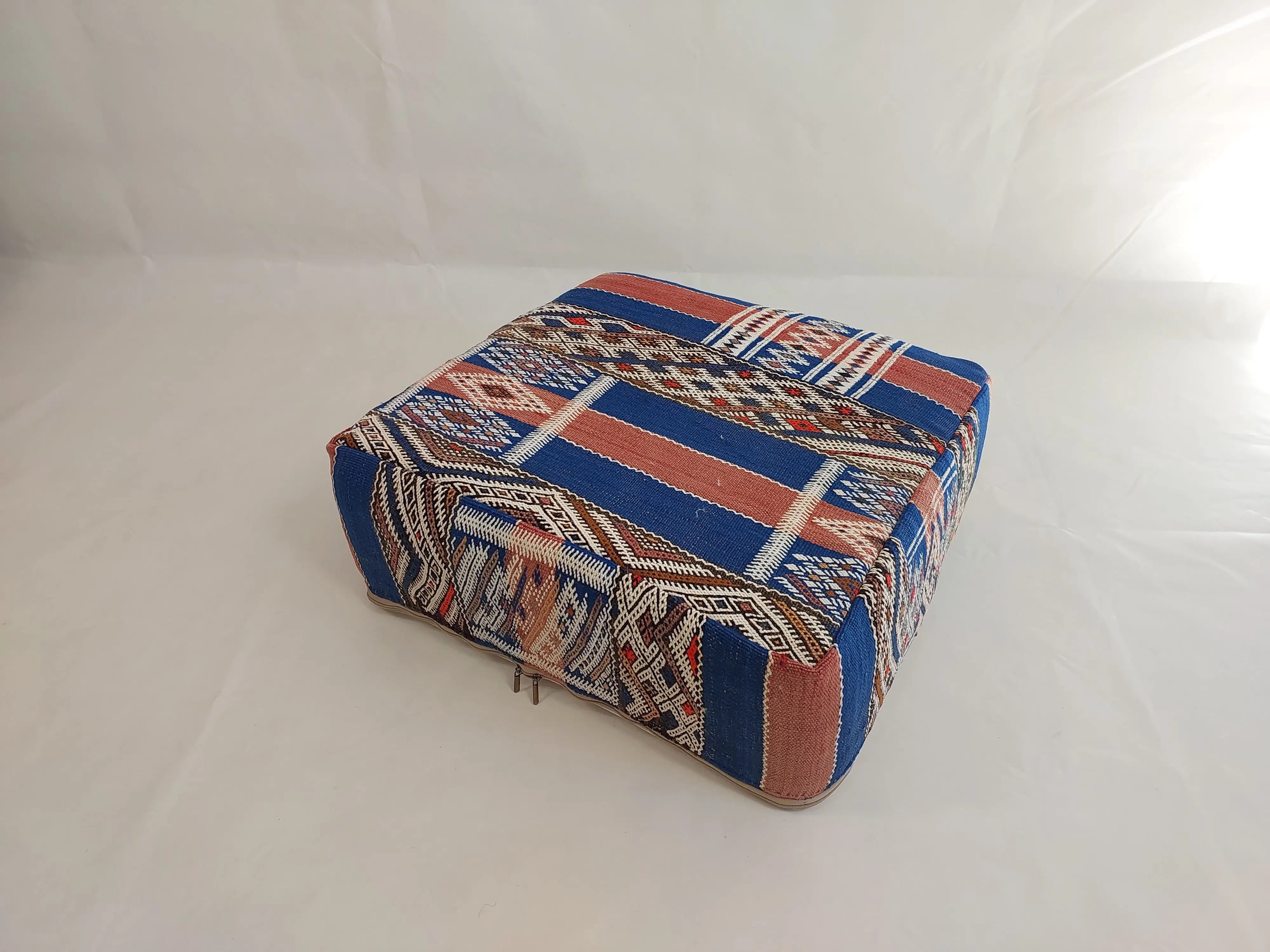 Vintage Berber Kilim Square Pouf – Authentic Moroccan Blue Ottoman & Boho Floor Pillow MoroccanBazzArts