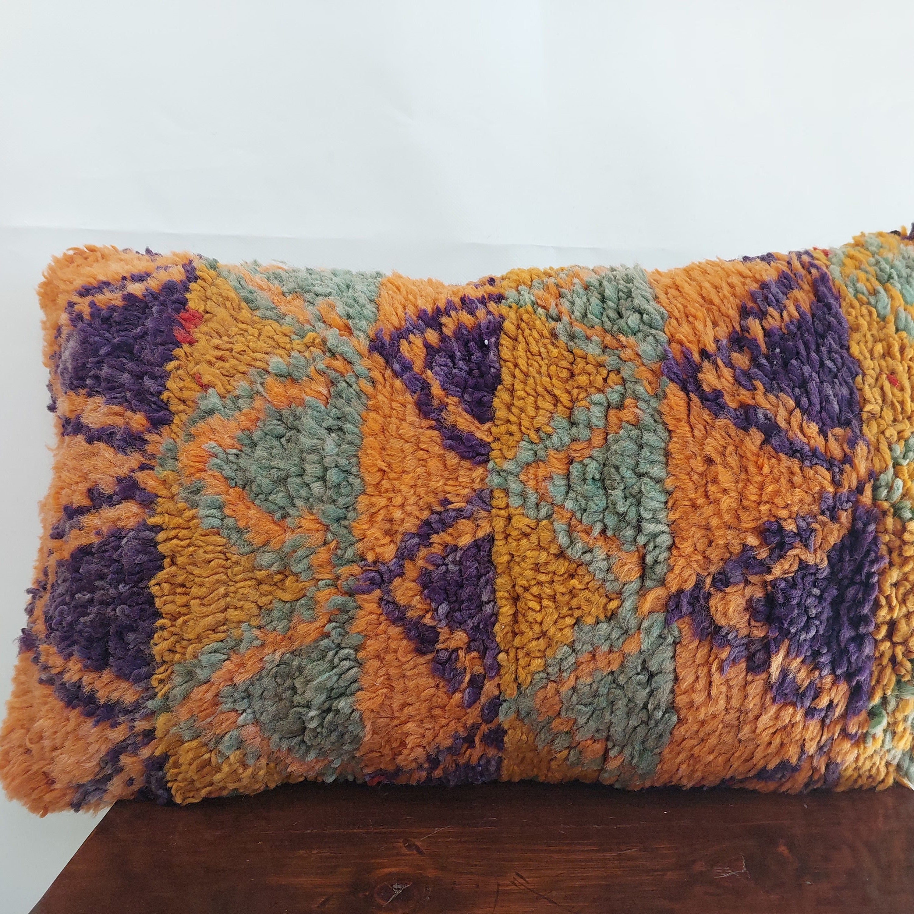 Aït Bou Ichaouen Moroccan Pillow - Handmade Berber Wool Cushion 14x24 - Vintage Colorful Boho Lumbar Pillow - Authentic Tribal Moroccan Deco MoroccanBazzArts