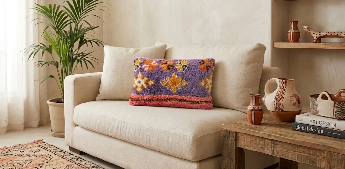 Vintage Berber Rug Lumbar Pillow Cover in Purple & Pink - 13x22" MoroccanBazzArts