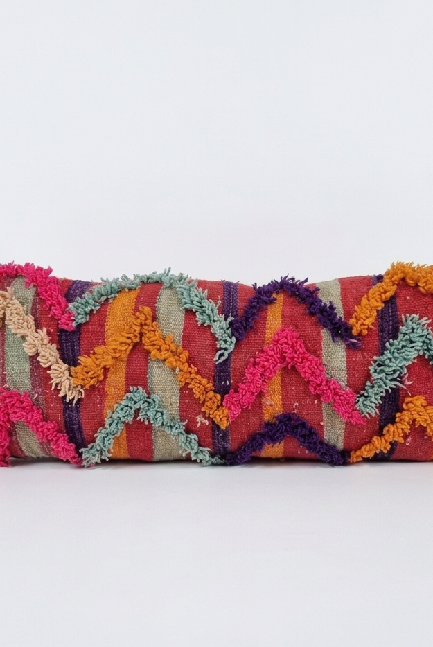 Vintage Authentic Talsint Lumbar Pillow Cover 13"x31" | Colorful Moroccan Berber knotted Cushion | Handmade Boho Decor MoroccanBazzArts.
