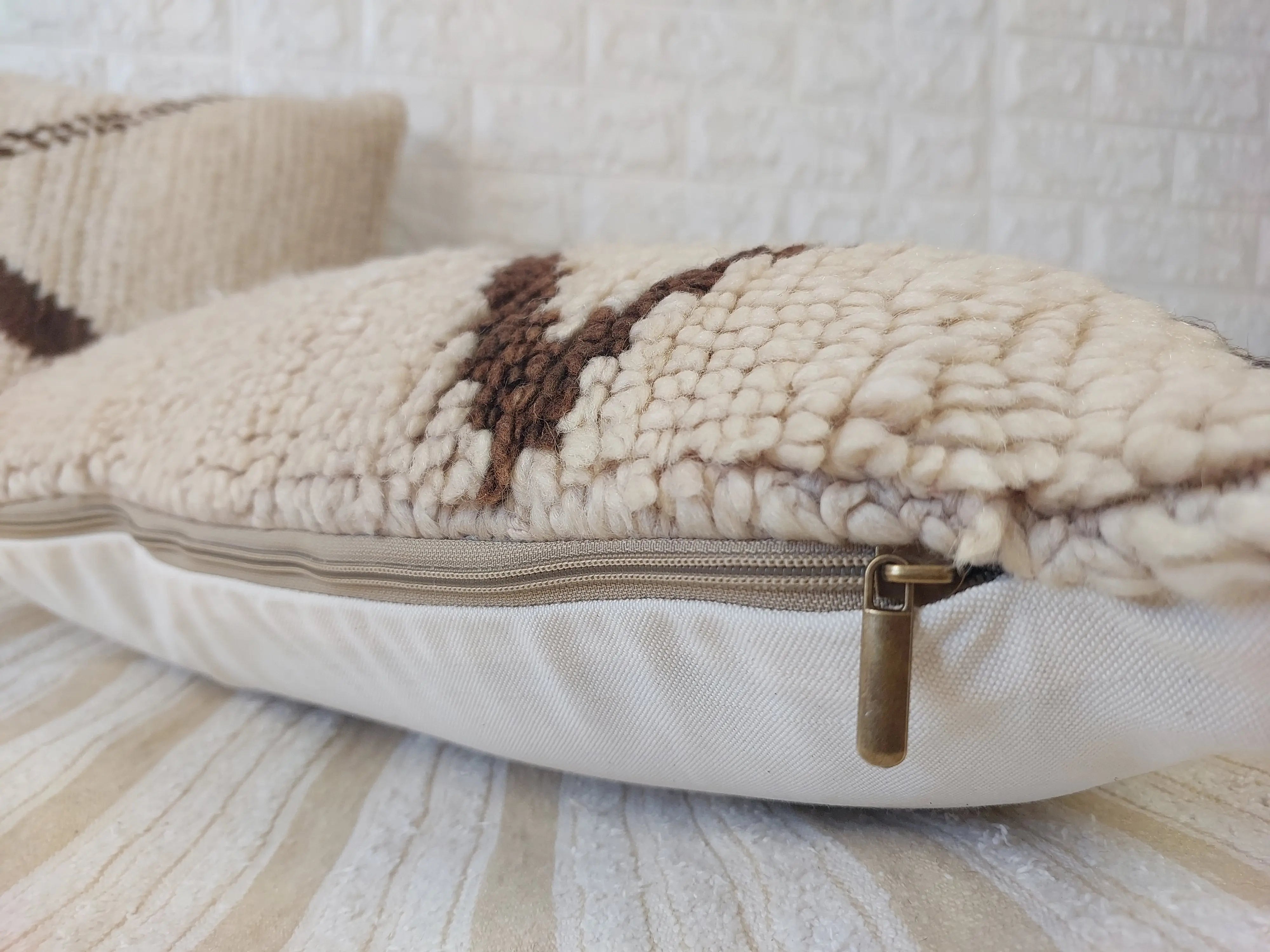 Set of 2 Vintage Azilal Moroccan Rug Pillows | 40x60 cm Ivory & Brown Undyed Wool Cushion Covers | Authentic Boho Lumbar Pillow Covers MoroccanBazzArts