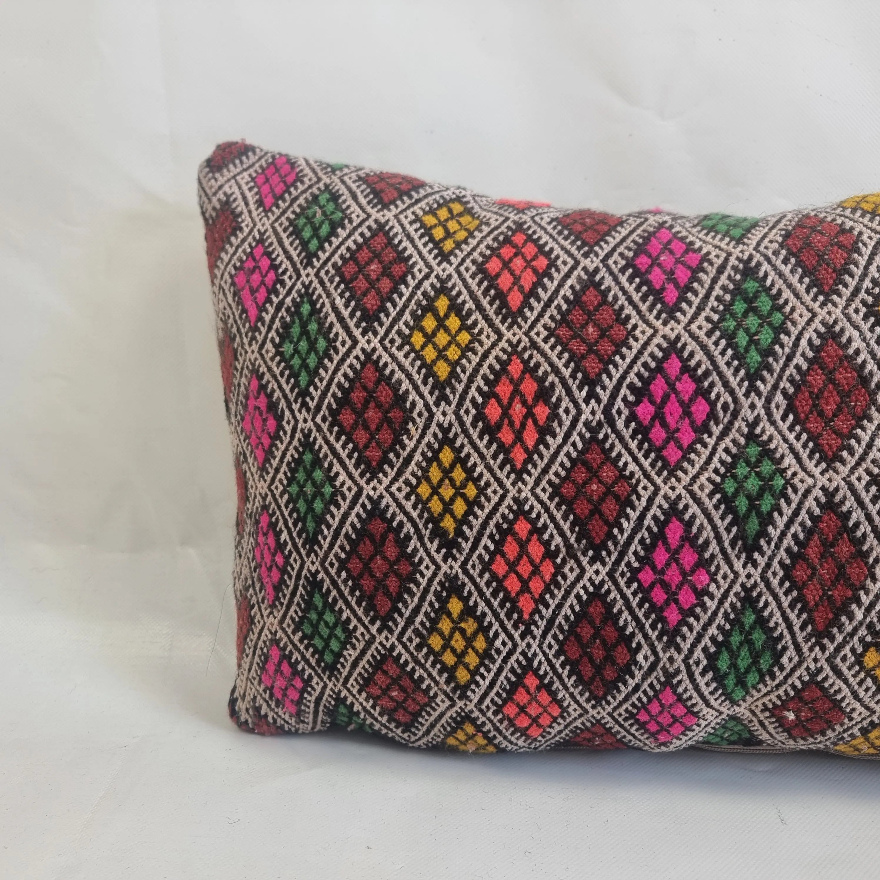 Handwoven Moroccan Kilim Lumbar Pillow Cover (13" x 22") – Colorful Geometric Boho Cushion MoroccanBazzArts