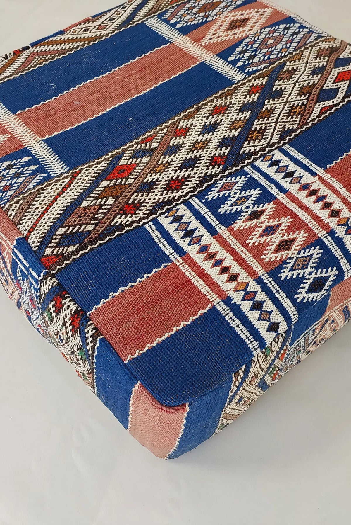 Vintage Berber Kilim Square Pouf – Authentic Moroccan Blue Ottoman & Boho Floor Pillow MoroccanBazzArts