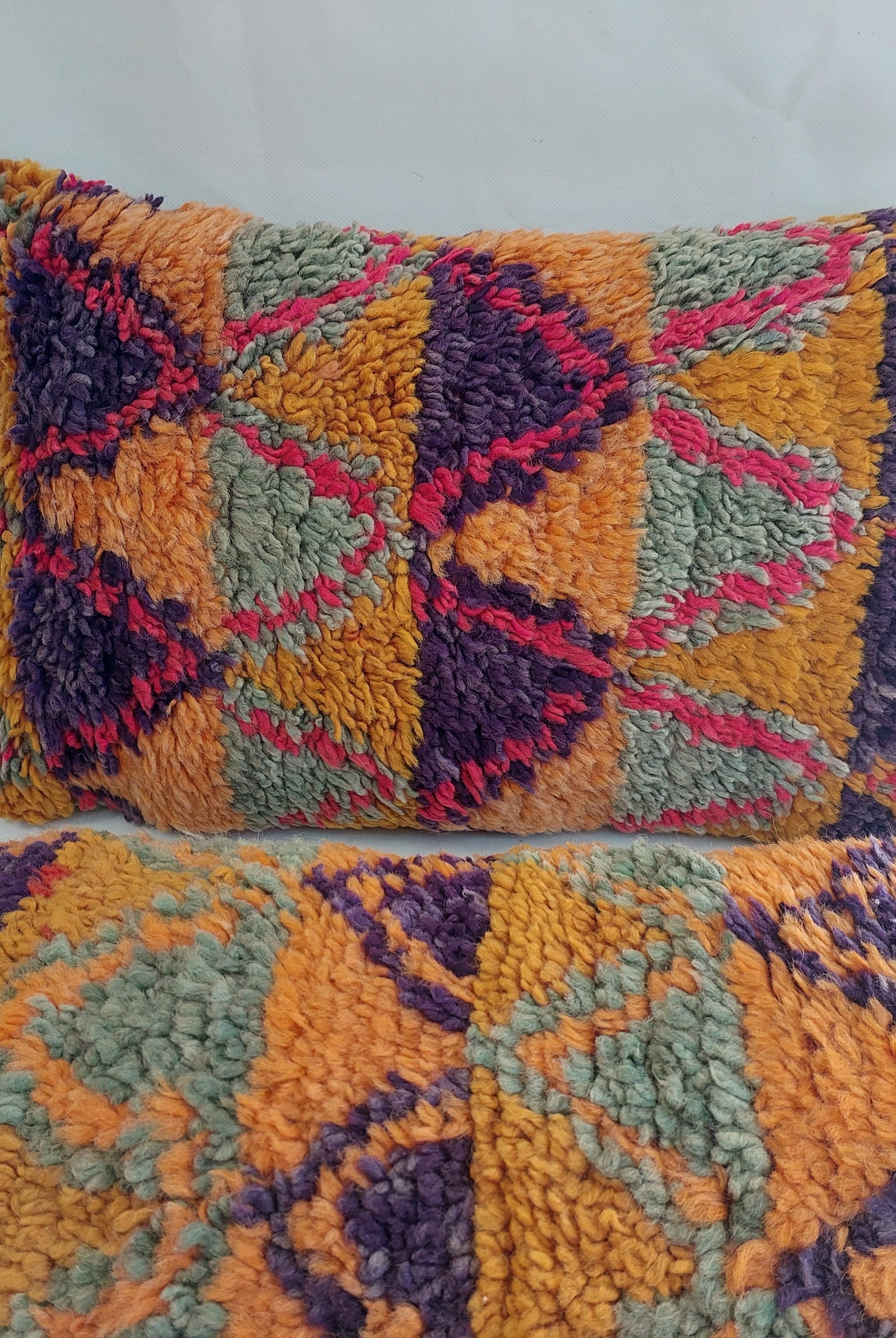 Aït Bou Ichaouen Moroccan Pillow - Handmade Berber Wool Cushion 14x24 - Vintage Colorful Boho Lumbar Pillow - Authentic Tribal Moroccan Deco MoroccanBazzArts