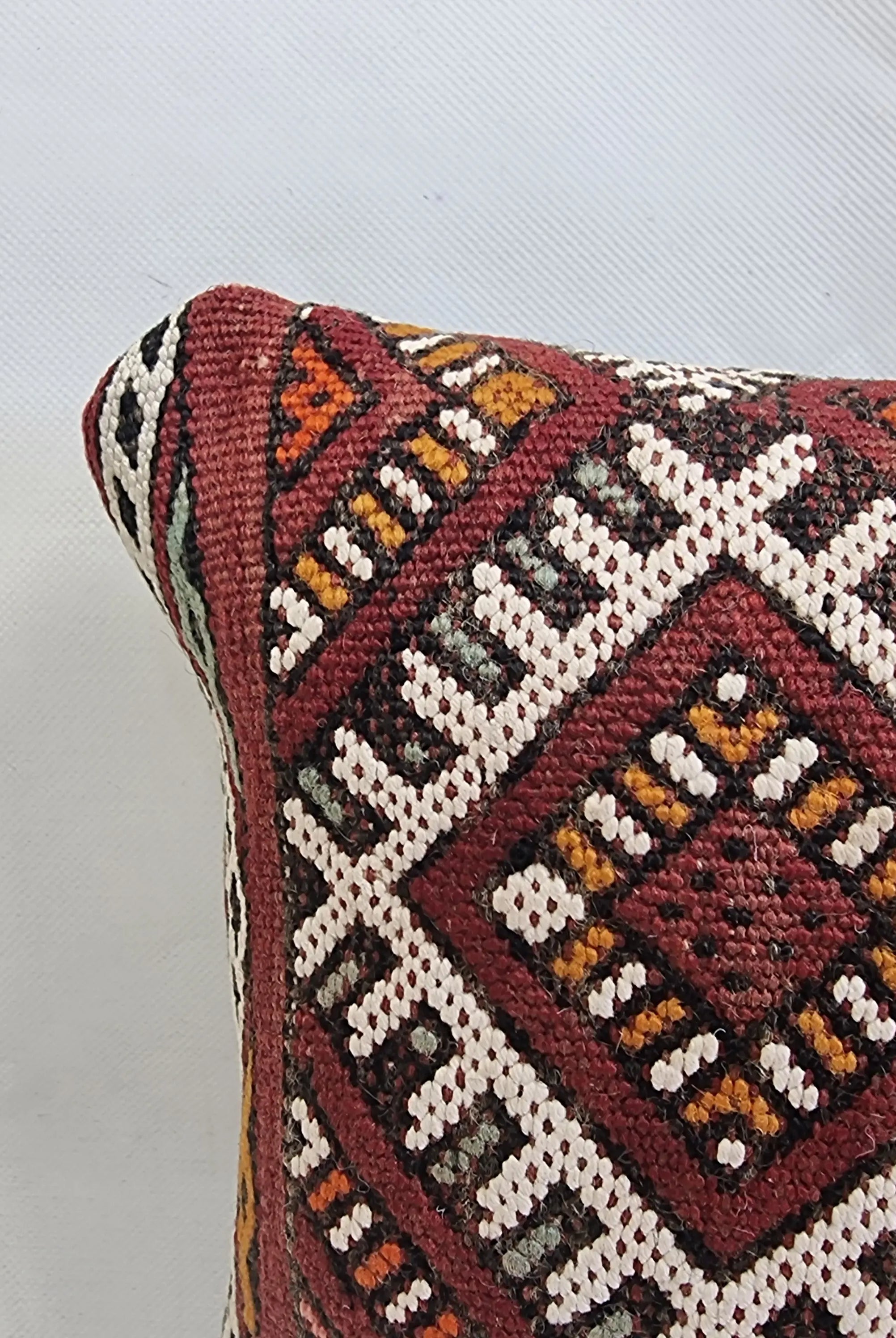 Authentic Moroccan Kilim Lumbar Pillow Cover 12x21" | Burgundy Geometric Boho Cushion | Handwoven Berber Tribal Throw Pillow 32x55cm MoroccanBazzArts