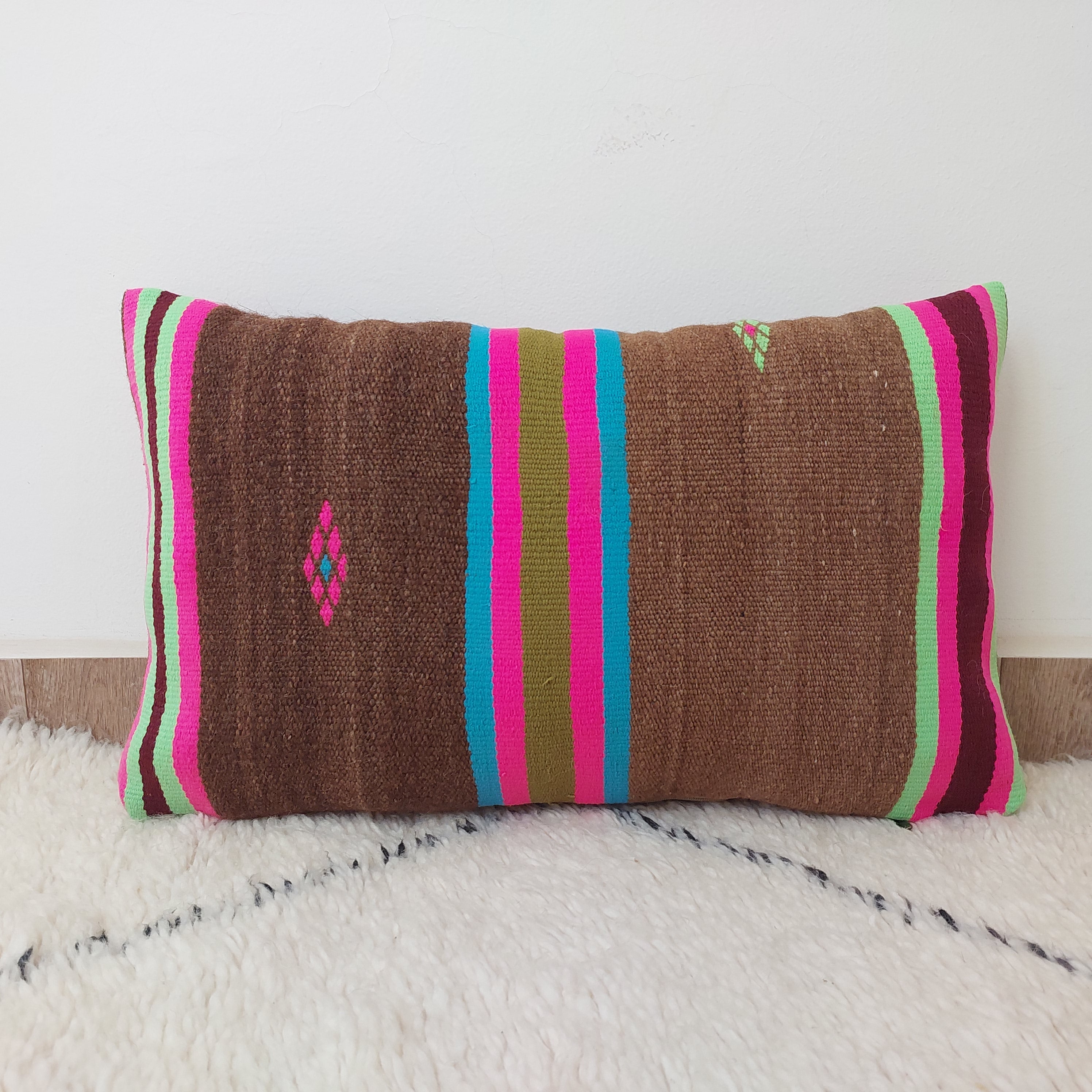 Set of 3 Vintage Boujaad Kilim Lumbar Pillow Covers 38x60 cm | Handwoven Brown Wool MoroccanBazzArts