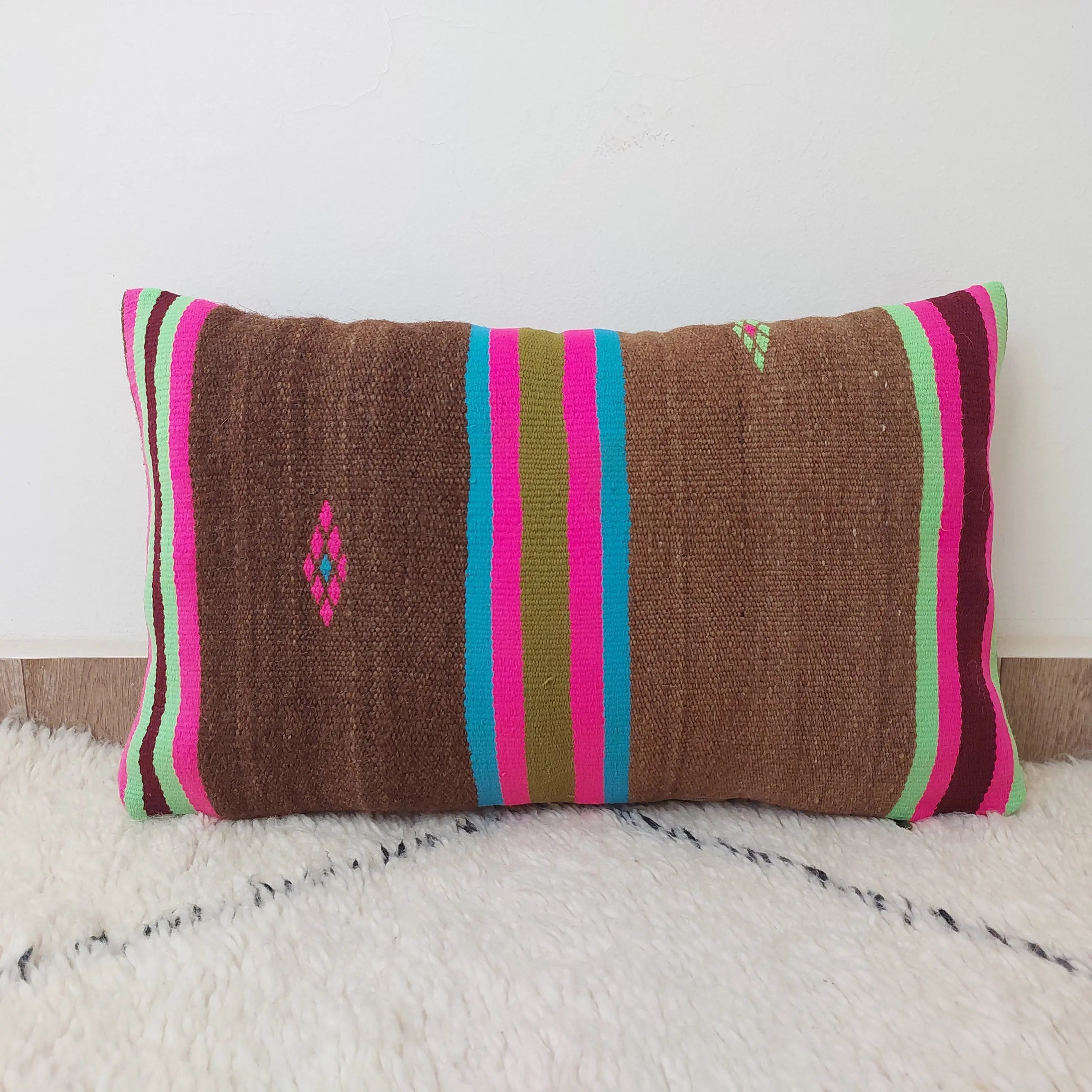 Set of 3 Vintage Boujaad Kilim Lumbar Pillow Covers 38x60 cm | Handwoven Brown Wool MoroccanBazzArts